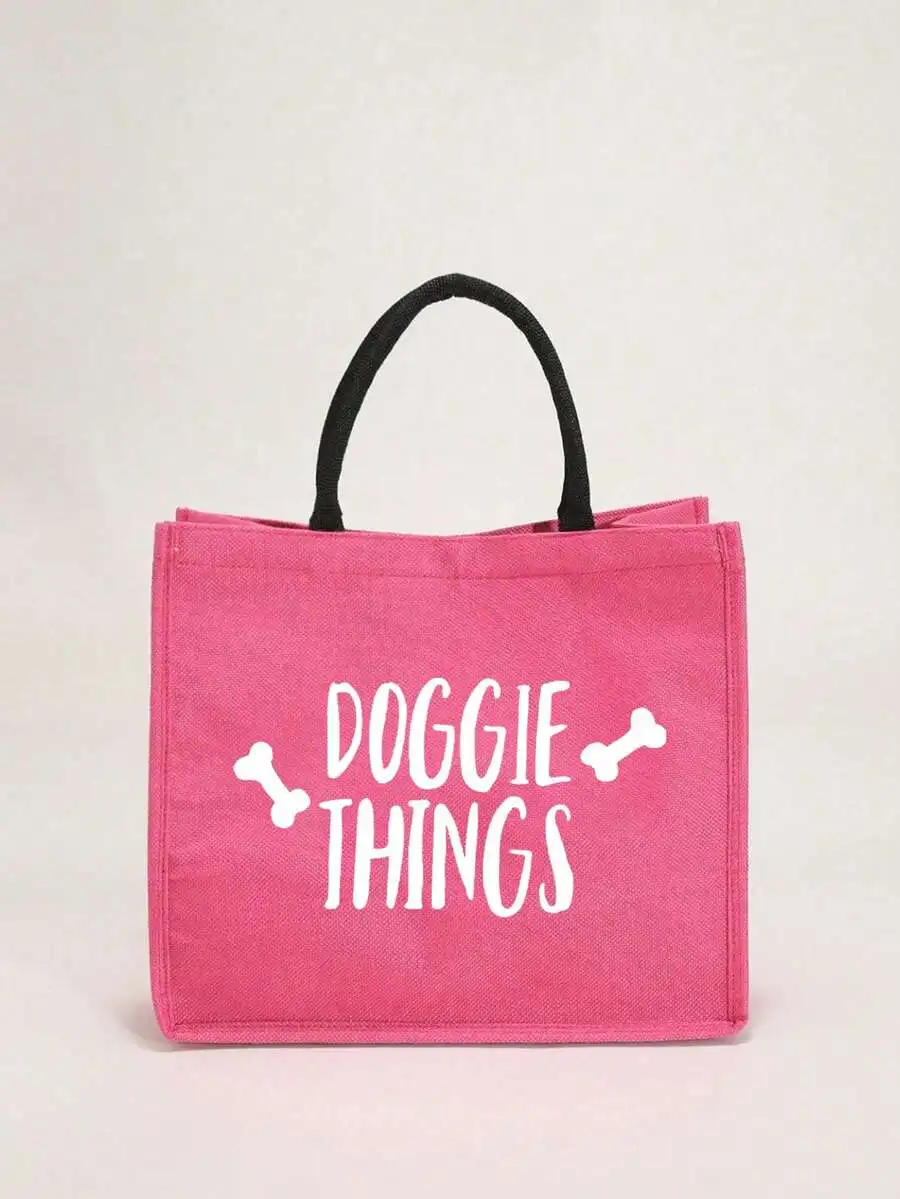 

Pink Canvas Tote Bag With Doggie Things Letter Print For Pet Lovers