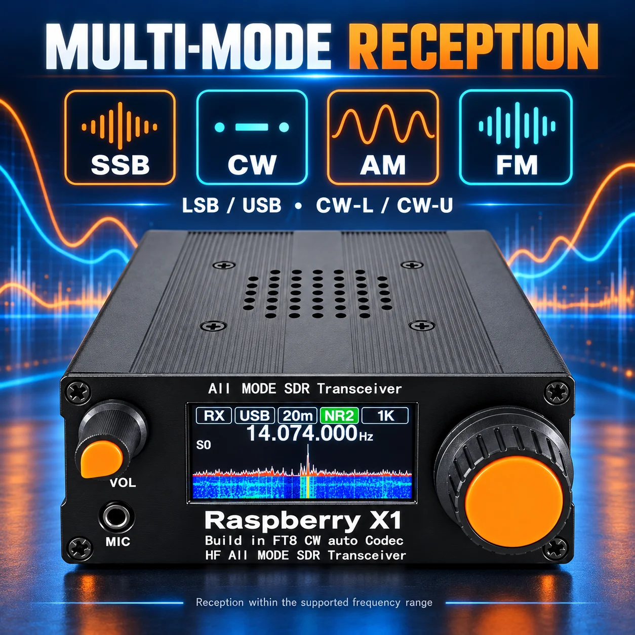 X1 SDR Shortwave Radio Receiver 3.5-30MHz SSB CW AM FM with FT8 CW Decoding Color Spectrum Waterfall Display