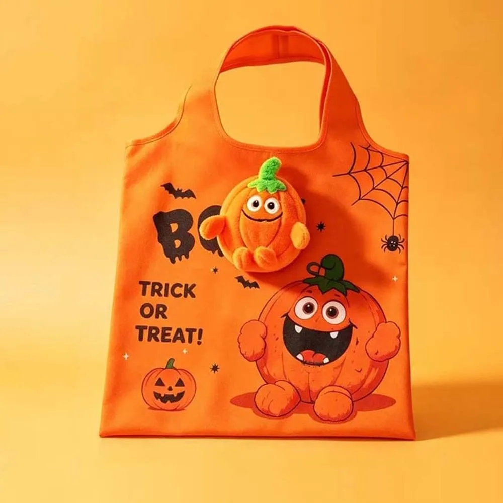 Solid Color Halloween Grocery Tote Space-Saving Tear-Resistant Cartoon Pocket Handbag Mini Plush Case 2-in-1 Bag Charm Pouch