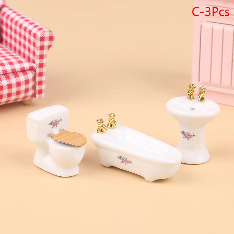 1Set 1:12 Dollhouse Bathroom Furniture Decor Miniature Bathtub Toilet Washing Table Matching Model Toy Doll House Accessories