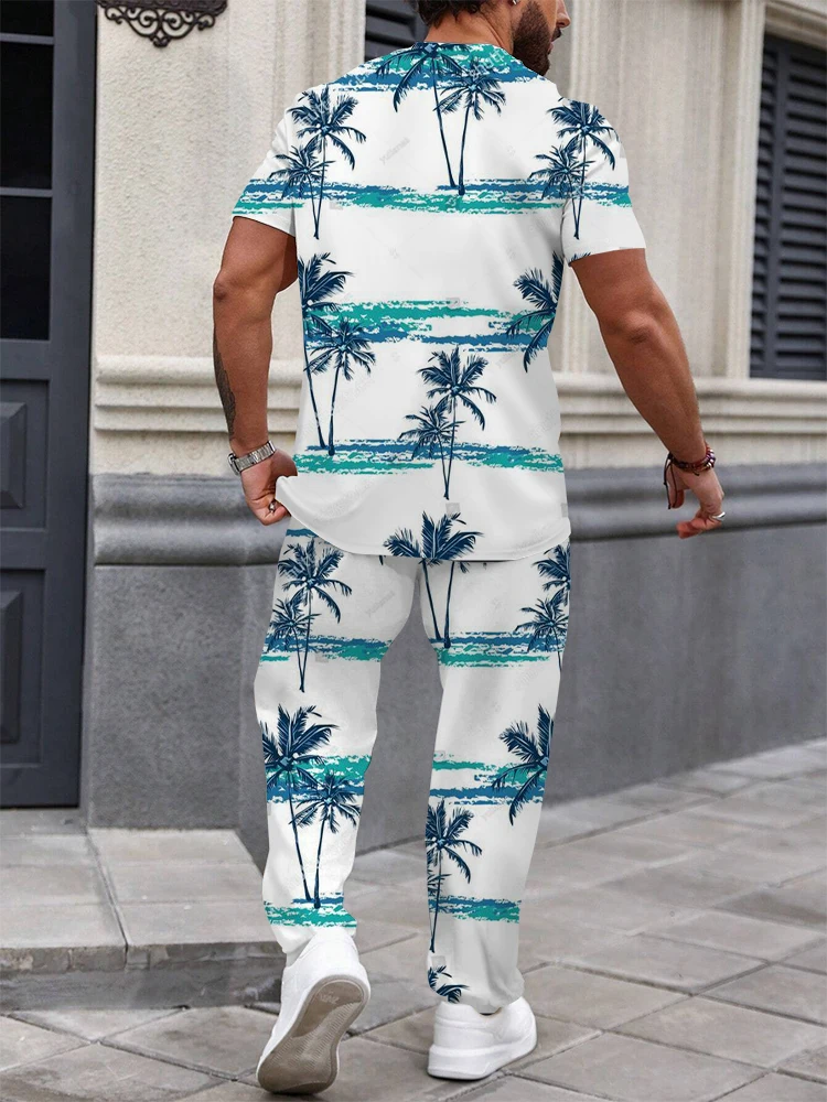 Men\'s Summer Sports And Leisure Suit Trousers Two-piece Hawaiian Style Men\'s Thin Trend Short-sleeved T-shirt Large Size Loose