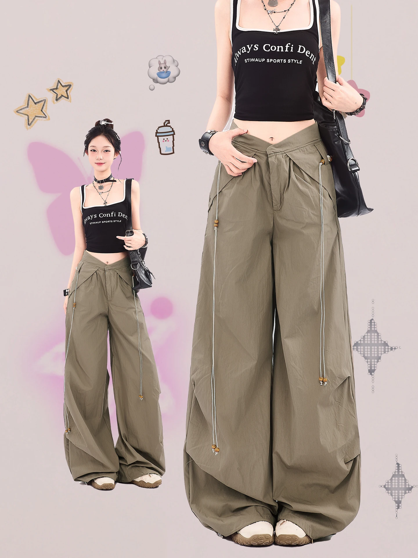 

Американские ретро-брюки с плиссировкой и бисером, повседневные, женские, летние, свободные, широкие, в стиле парашютиста, для работы, из хлопка