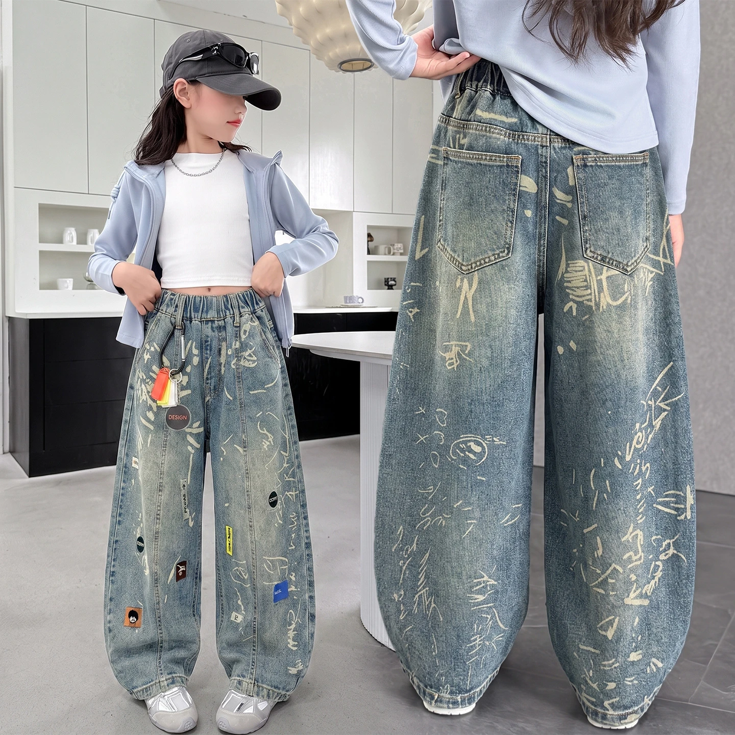 Kids Jeans for Girls Fashion Graffiti Dyeing 2026 Spring Autumn Hot Sales Teenager Unique Wide Leg Pants Korean Style Trousers
