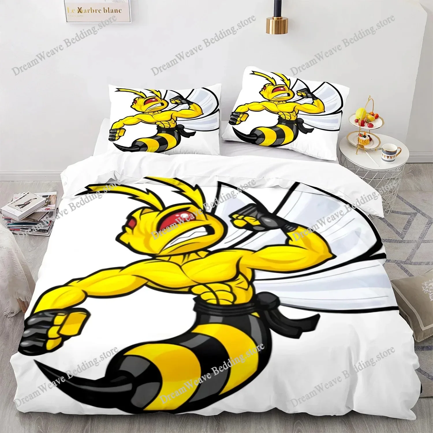 

3D Bee Print Duvet Cover Set for Boys Teens Polyester Bedding Set King Queen Size Yellow White Black Duvet Cover Bed