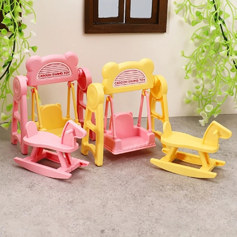 1 Set Dollhouse Macaron Color Miniature Swing Horse Kit For Baby Doll Kids Pretend Play Toys Girls Gifts DIY Accessories