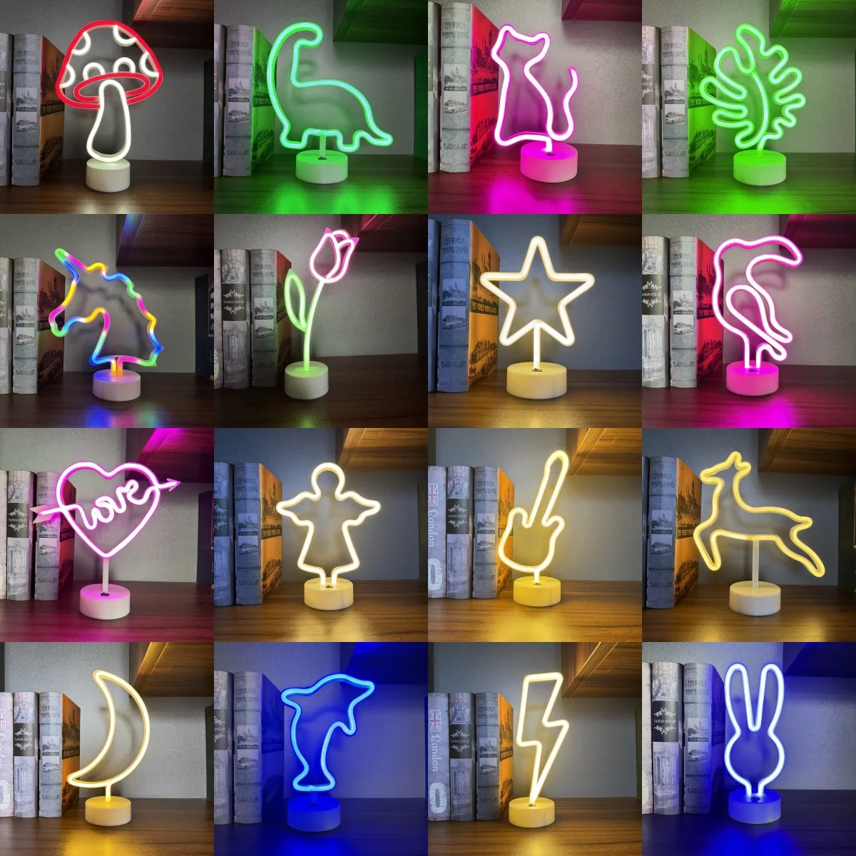 Luz LED de Neón con Base, Múltiples Formas, Lámpara de Mesa USB a Batería, Luz Nocturna para Dormitorio Infantil, Fiesta, Escritorio, Regalo de Cumpleaños