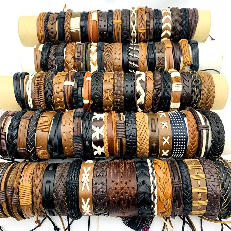 10/20/30/50/100PCs Leather Cuff Bracelets Handmade Retro Bangle Wristbands Black/Brown Fashion Jewelry Party Gift Wholesale Lot