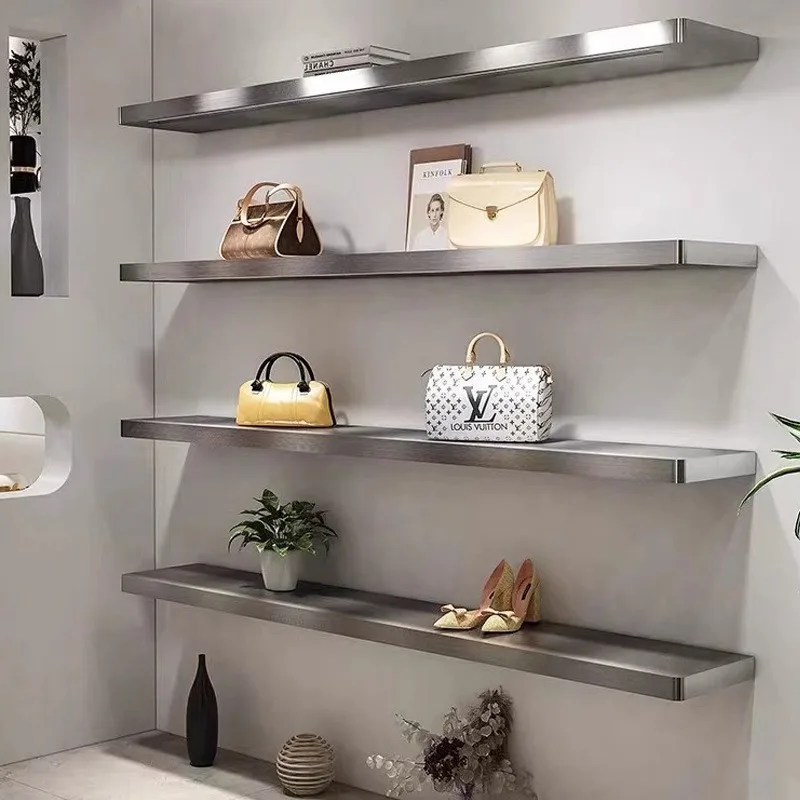 Clothing store shoe store bag display rack stainless steel upper wall multi-layer display one-word board live stream display rac