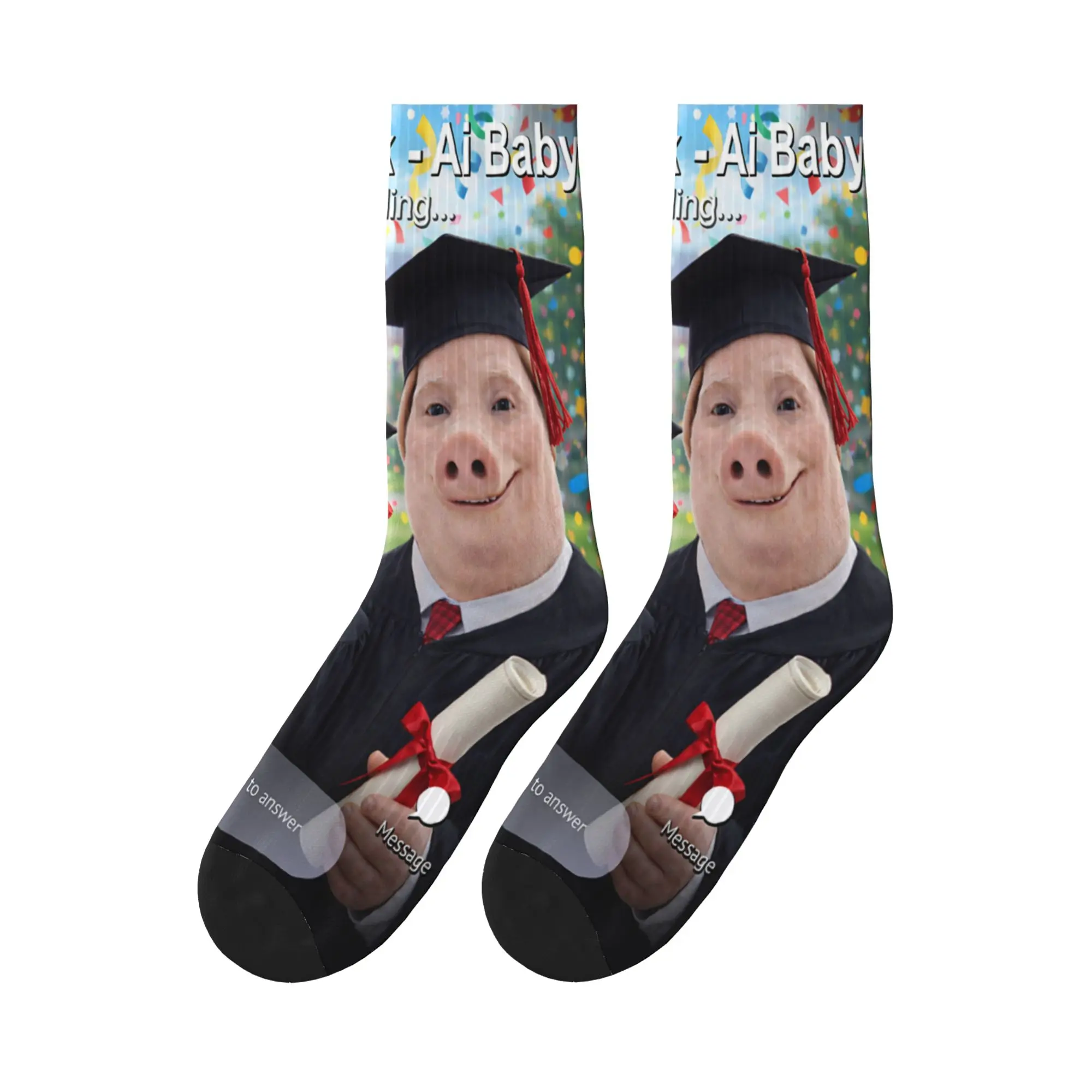 Funny Graduation Day John Pork and Ai Baby is Calling Socks Casual Stockings Men Comfortable Socks Winter Design Non-Slip Socks
