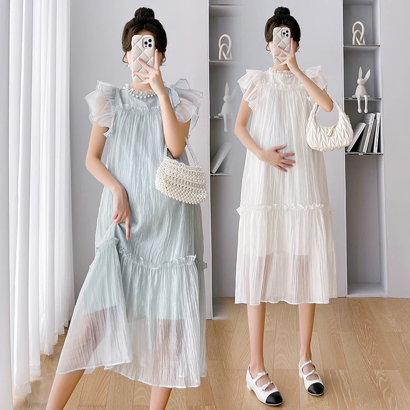 

Sweet Pregnant Women's A-line Dress Ruffle Sleeves Beading Collar Maternity Ball Gown Dress Light Weight Princess Fashion Dress