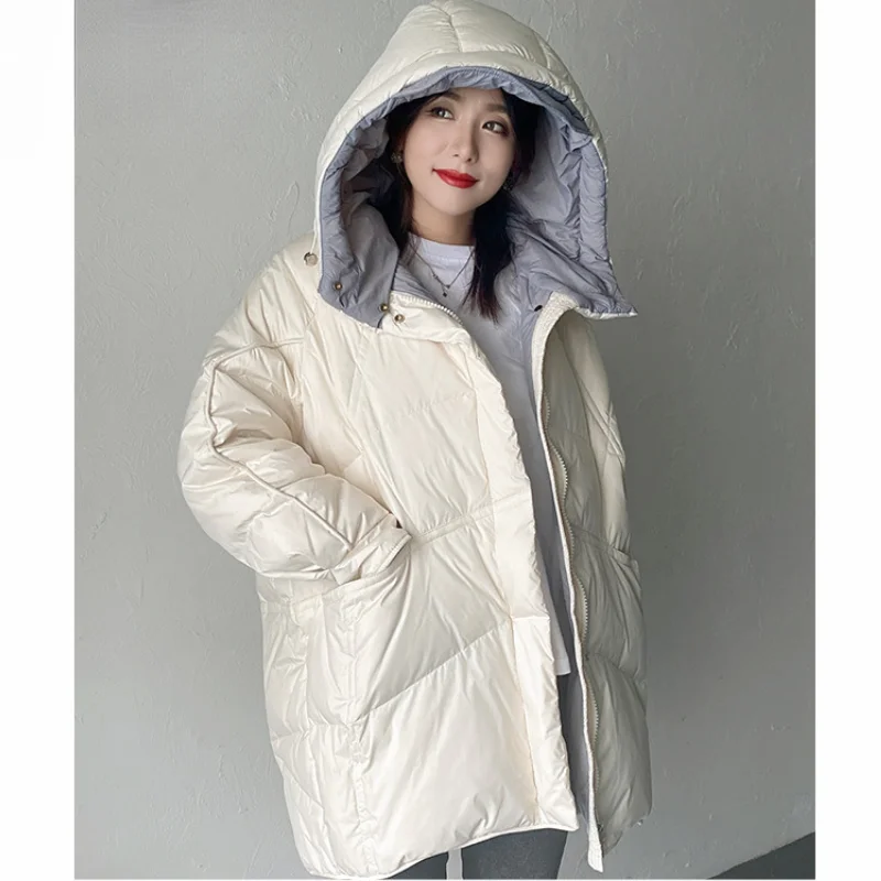 Women's Loose Mid-length Hooded Jacket, Winter Coats, Color Collision Fashion, Commuting Down Jacket, New Outerwears, 2024