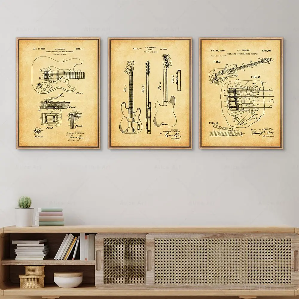 خمر الغيتار طبل مخطط الملصقات آلة موسيقية براءات الاختراع رسم حائط لوح رسم الفن هدية لديكور استوديو الموسيقى #3