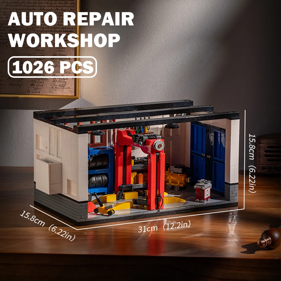 MOC City Speed Racer Vintage Garage Kamer Scène Bouwstenen Autoreparatiewerkplaats Hefplatform Bakstenen Speelgoed Kinderen Volwassenen Cadeau