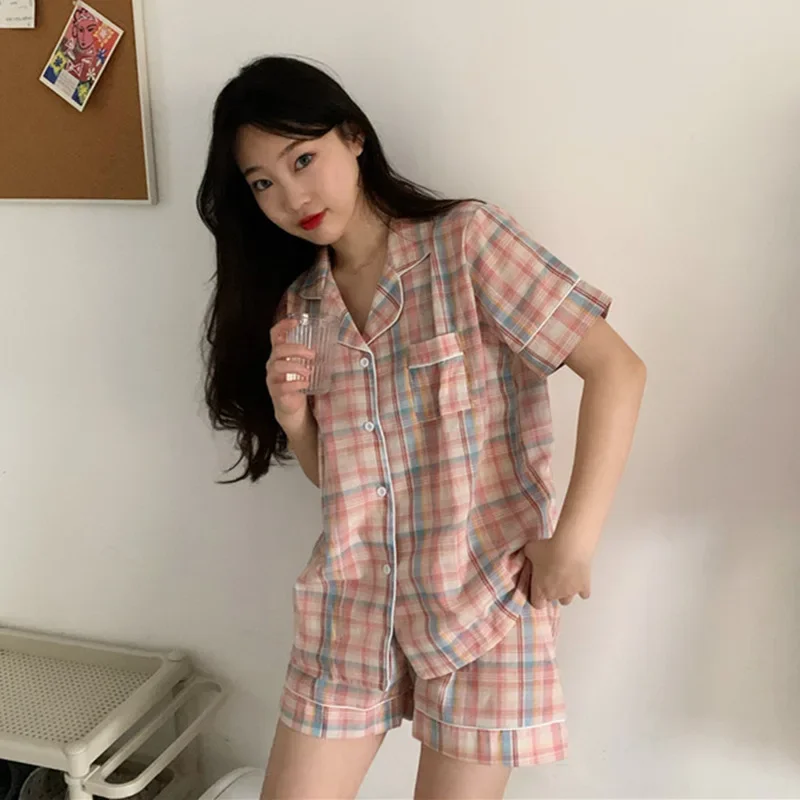 2/pce Casual Fashion Summer Women Pajama Set Girl Plaid Collar Short Sleeve Lace Loungewear Pajama Lady Bra Pad Indoor Sleepwear