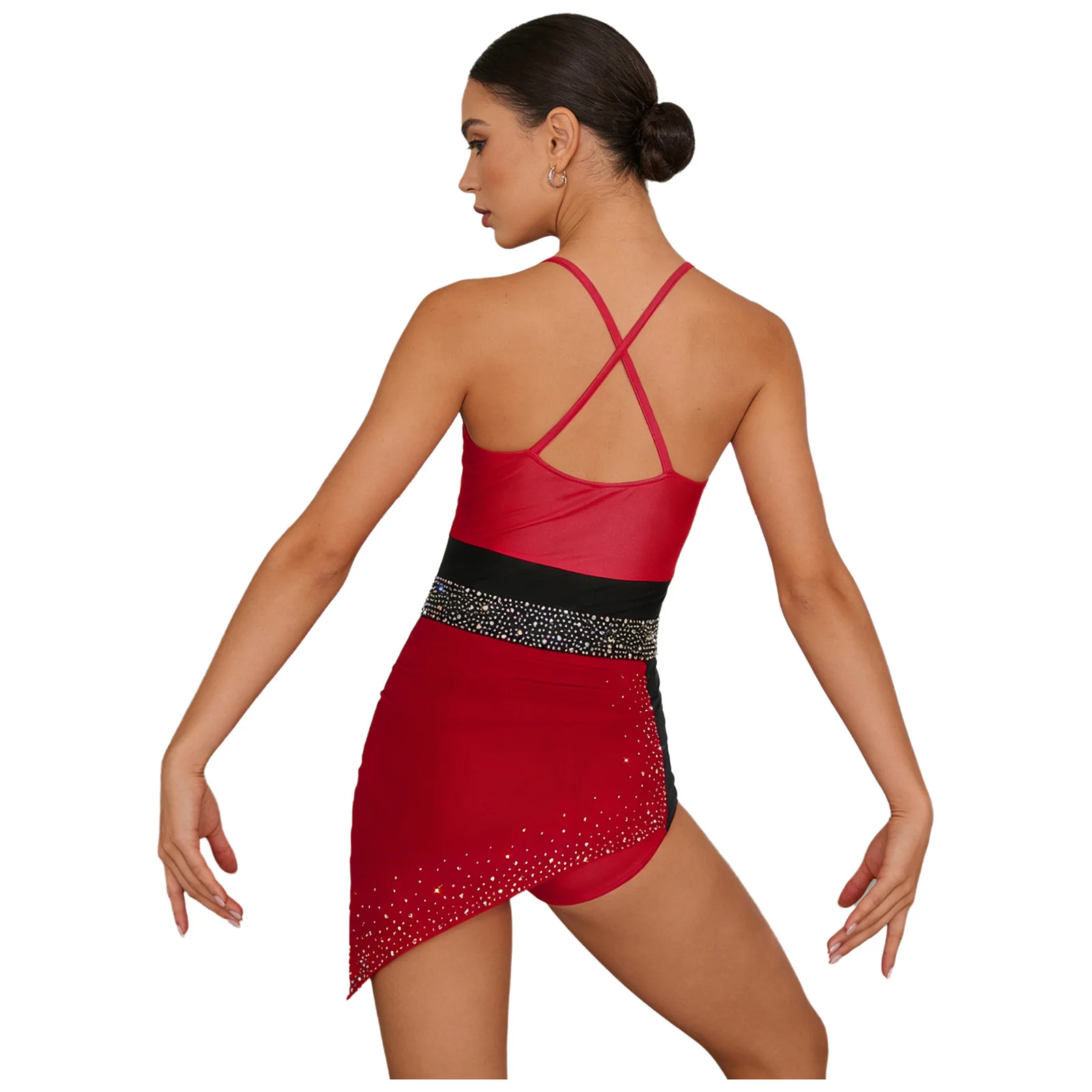 

Женское платье для фигурного катания и художественной гимнастики, купальник с сетчатыми вставками и стразами, без рукавов, для латиноамериканских танцев, танго, бальных танцев