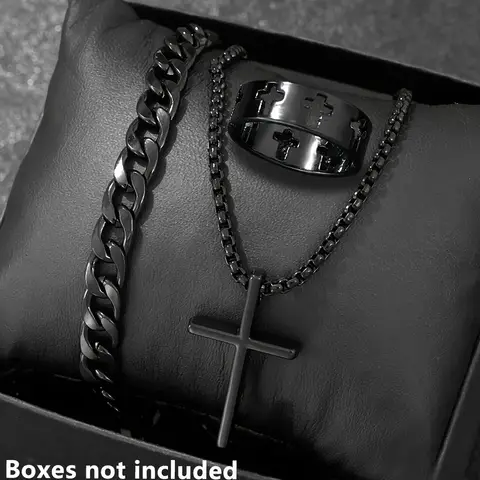 Cross-Style Accessories Set Bracelet Necklace Ring 3 Pieces Stainless Steel Elegant Suitable Both Men Women Fashionable Gift Set