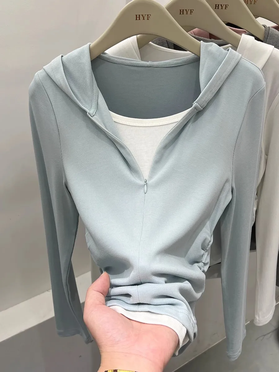 

Korean Design Sense Pleated Hem Splice Fake Two-Piece Long Sleeve T-Shirt Hoodie Women's Early Spring New Style Top