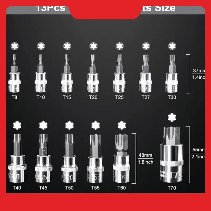 

13Pcs Star Torx Bit Socket Set T8-T70 H2-H14,CRV Sockets 1/4Inch,3/8Inch & 1/2Inch Drive For Hand Use Work Durable Easy To Use-N
