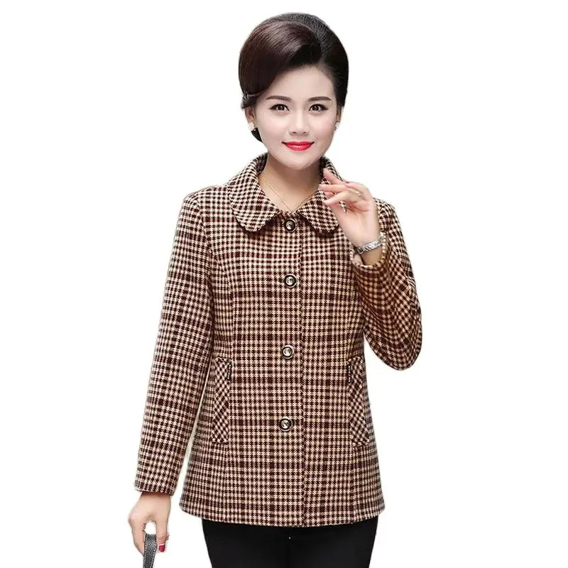 

Middle-Aged Elderly Women's Woolen Coat Spring Autumn Casual Plaid Jacket Add Velvet Winter Jackets Elegant Female Outerwear Top