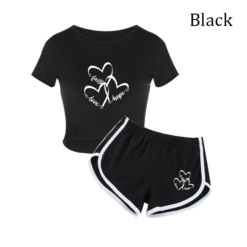 Summer Women Slim-fit T-Shirts & Shorts 2 Pieces Set Simple Hearts Pattern Prints Crop Tops Fashion High Elastic Soft Clothes