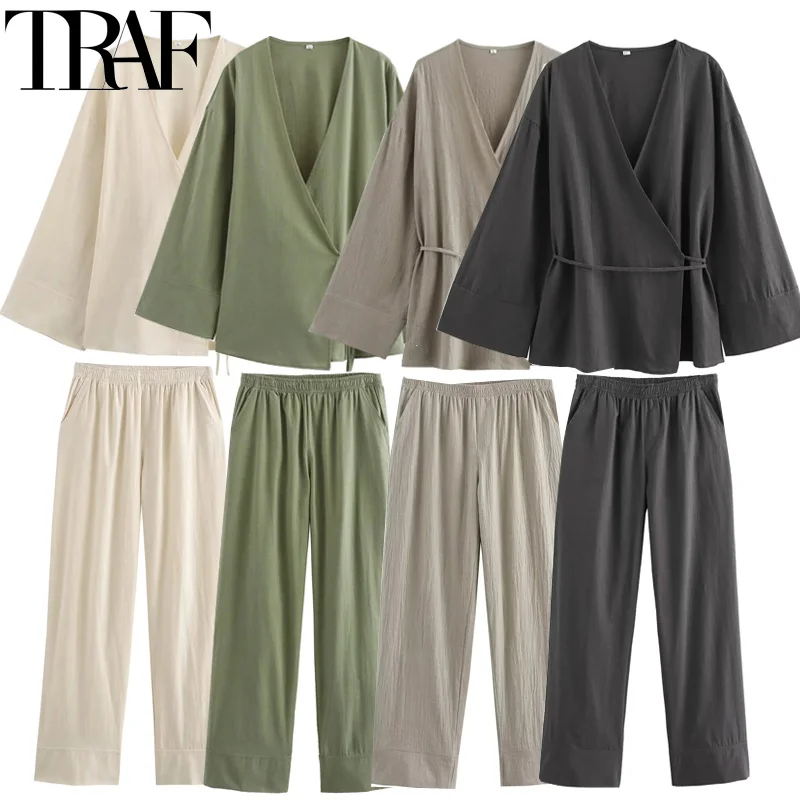 TRAF Woman Pants Set Two Pieces Tied Kimono Long Tops Pajama Baggy Pants Suits Summer Long Sleeve Women\'s Top And Bottom Set