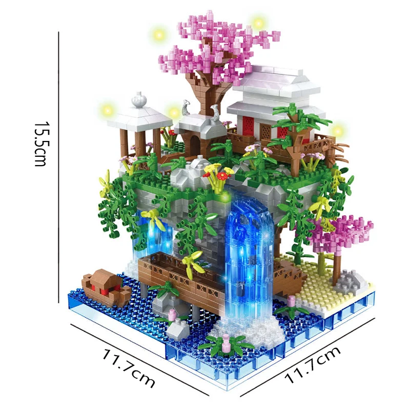 Micropartículas de construcción de estanque de flor de melocotón, ensamblaje de modelo arquitectónico antiguo, juguete de ensamblaje de rompecabezas grande de alta dificultad