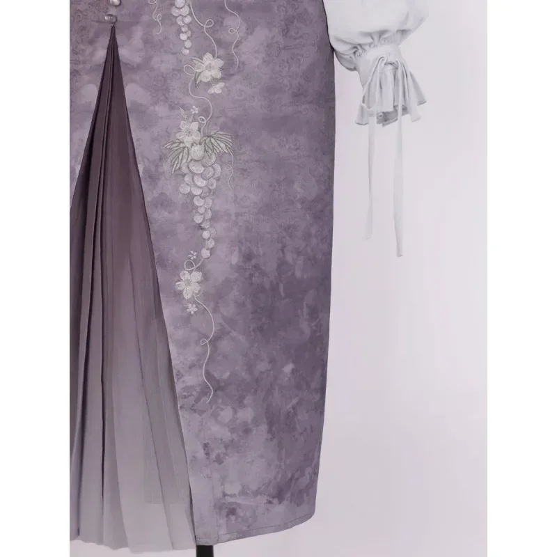 Vestido Hanfu morado de estilo chino mejorado, traje con manga acampanada, falda con estampado de uva, traje Vintage de dos piezas dulce de otoño para mujer