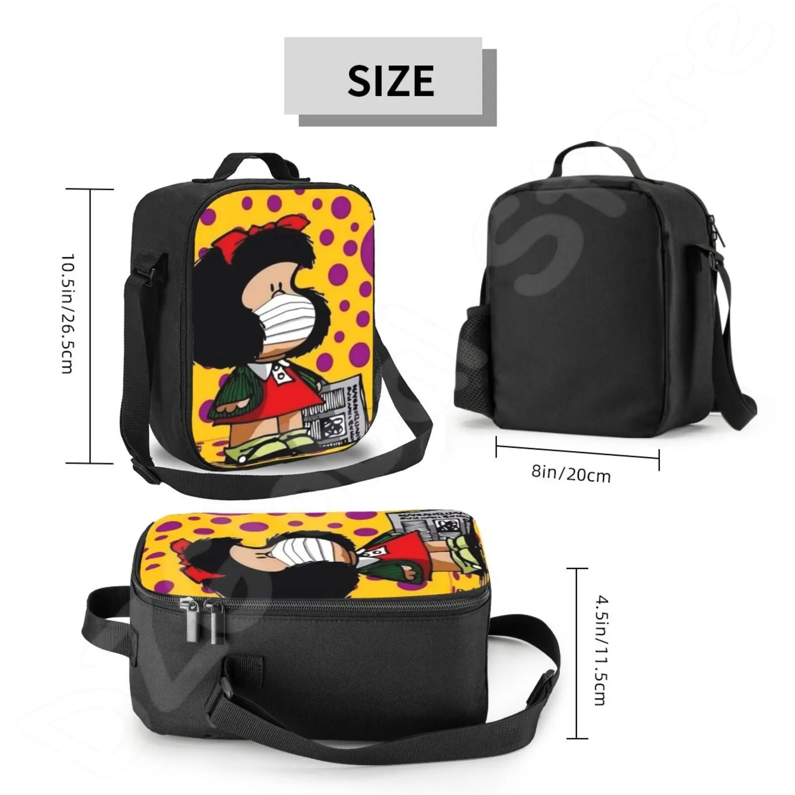 Mafalda 점심 도시락 가방, 절연 식사 가방, 만화 인쇄 휴대용 도시락, 학교 작업 피크닉 토트 식품 용기, 소년 소녀용