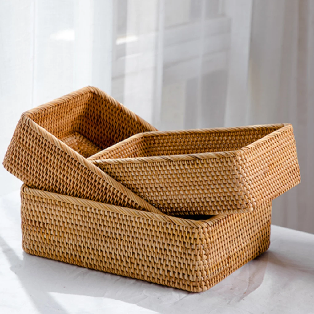 2/3 Rattan Storage Basket Rectangular Household Snack Organizer Container