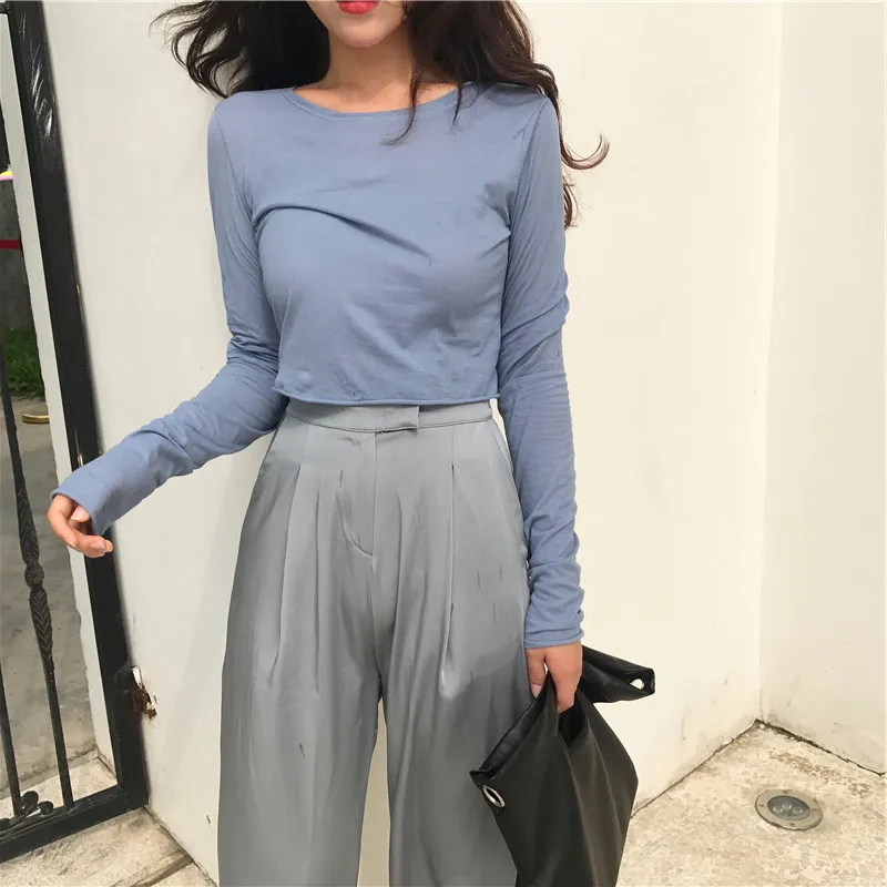 Loose Long Sleeve T-Shirt Korean Style Bore Hole Design High Waist Short Length Women's Spring Autumn Fashion Casual Top