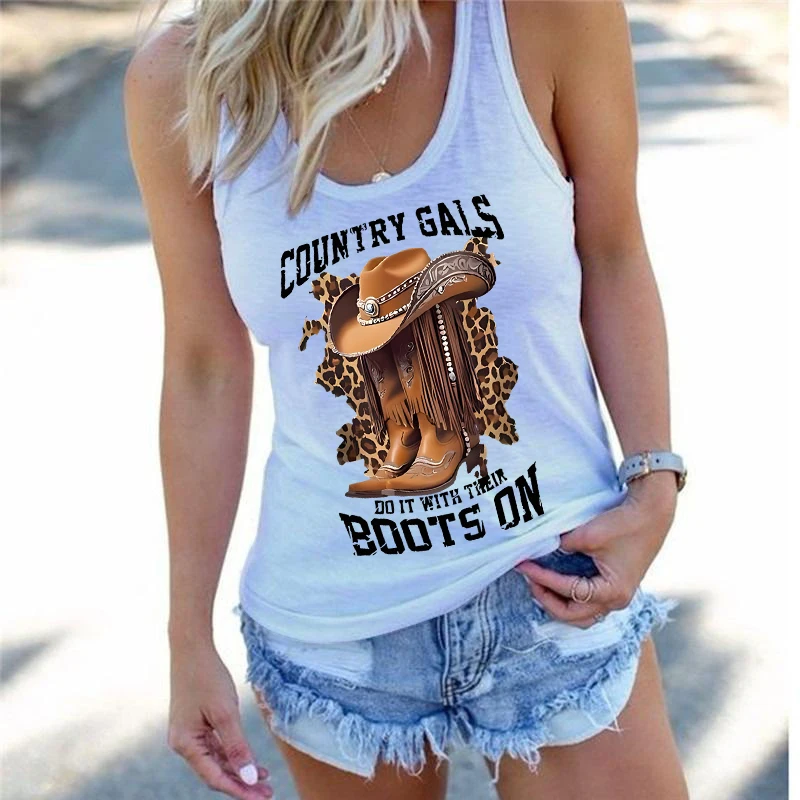 

Western Cowboy Hat and Boot Pattern Women's Vests Fashionable Casual Sleeveless Daily Street Racerback Tank Tops Female Tees