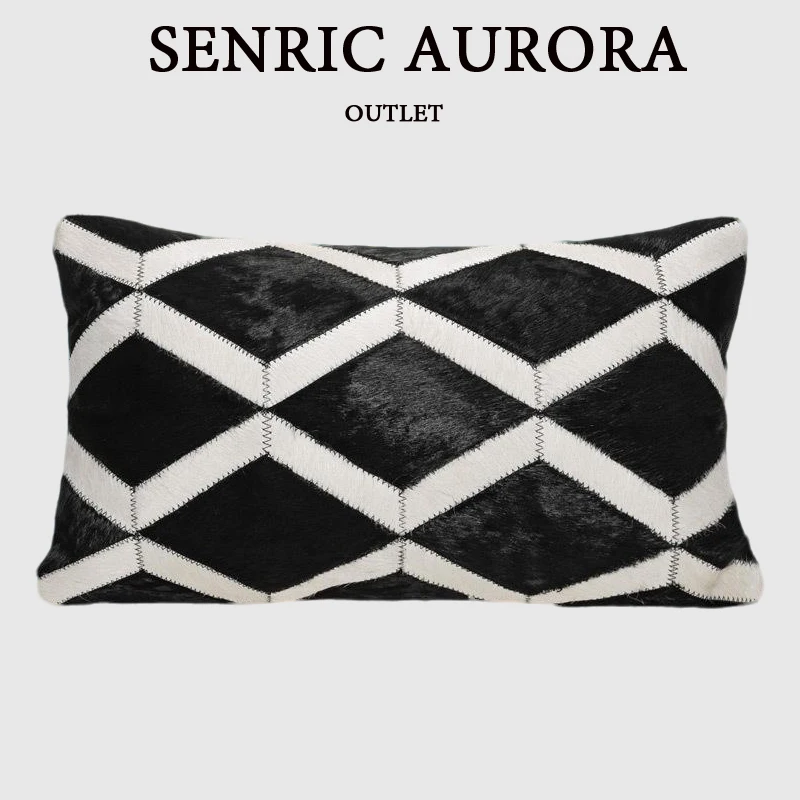 Light Luxury Cushion Cover  Diamond Black And White Cowhide Patchwork Waist Pillow Case For Living Room Sofa