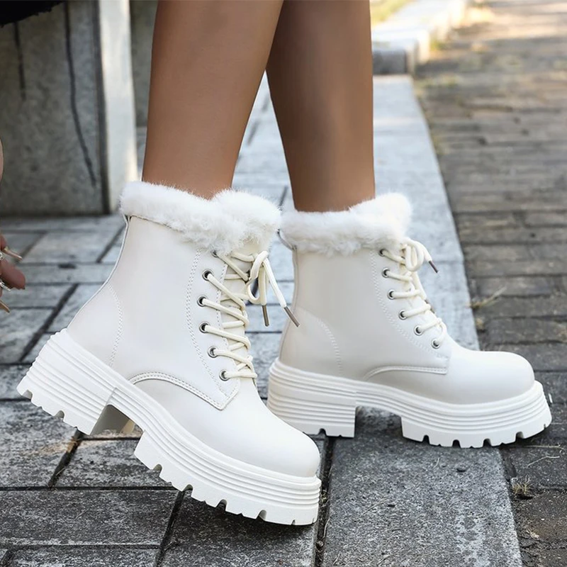 

Short Plush Warm Ankle Boots for Women Winter fad Chunky Platform Snow Boots Womans High Heel Fluffy Leather Booties botas mujer