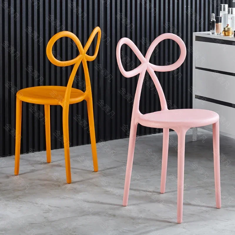 F25 Nordic Thickened Back Chair, Pink Makeup Chair, Bow Design Dining Chair, Durable and Stable Chair for Café Décor