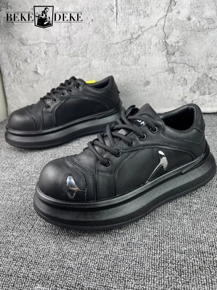 

New Mens Platform Height Increasing Shoes Designer Fashion Casual Sneakers Spliced Round Toe Lace Up Men Genuine Leather Shoes