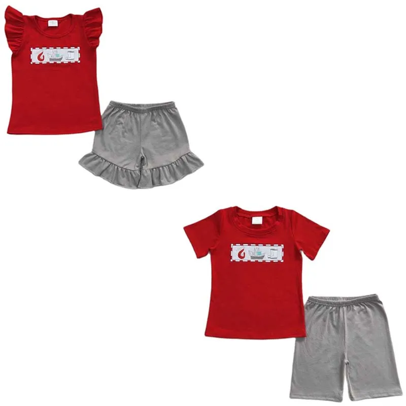 Wholesale Baby Girl Boy Summer Set Short Sleeves Crawfish Embroidery Cotton Red Shirt Tee Kid Shorts Children Matching Outfit