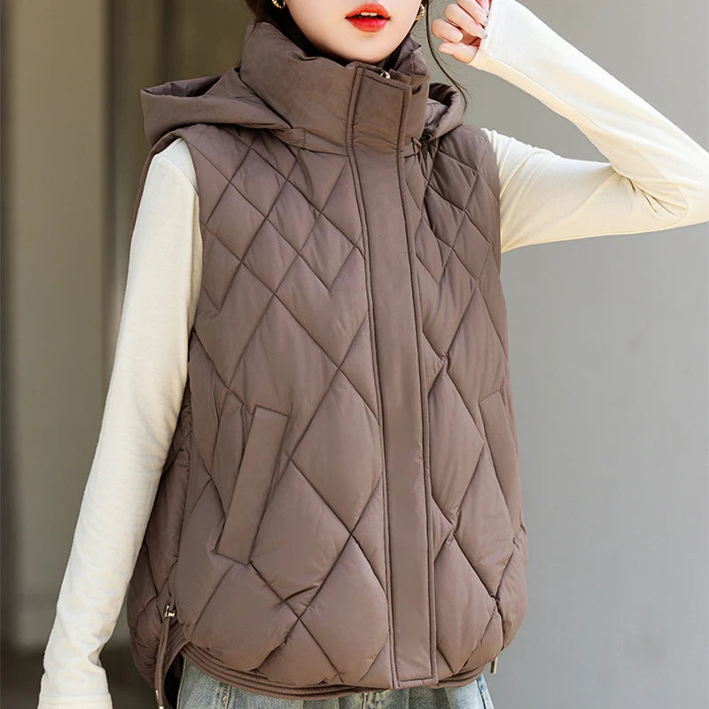 Tous les mathématiques col montant coton gilet femmes printemps automne Chic à capuche noir sans manches coton gilet femme fermeture éclair dessus chaud Mujer