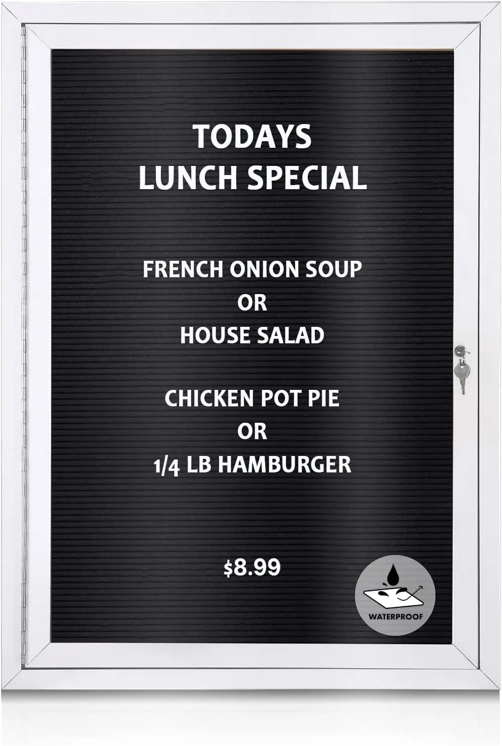 

Enclosed Changeable Letter Board with Locking Door, Black Felt, Silver Aluminum Frame, 36 x 24 in