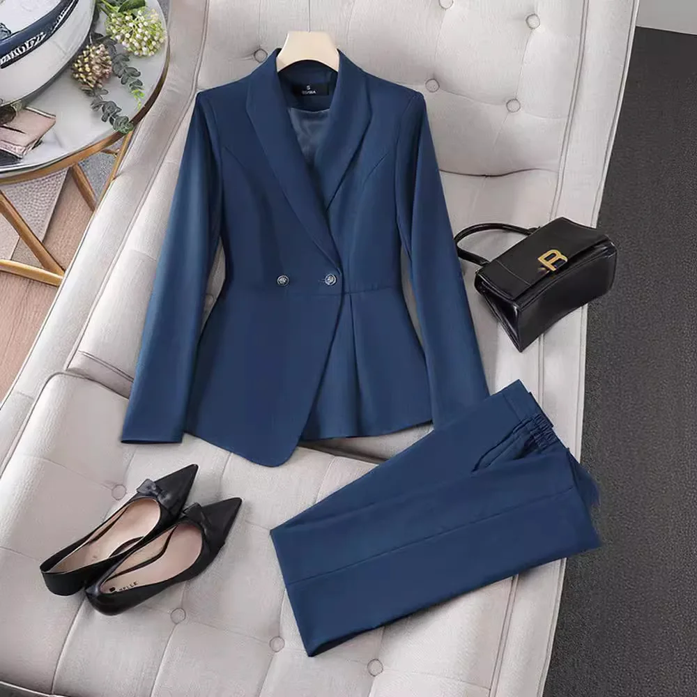 Formal Blue Women Suit Pants Set 2 Piece Blazer+Trousers V Neck Full Sleeves Office Lady Work Jacket Coat Cotton Prom Dress