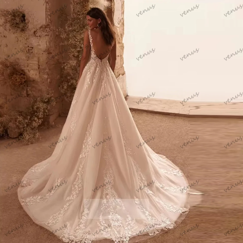 Gorgeous Wedding Dresses Luxury Bridal Gowns Lace Appliques Sleeveless Deep V Neck Robes Glamorous Vestidos De Novia Customized