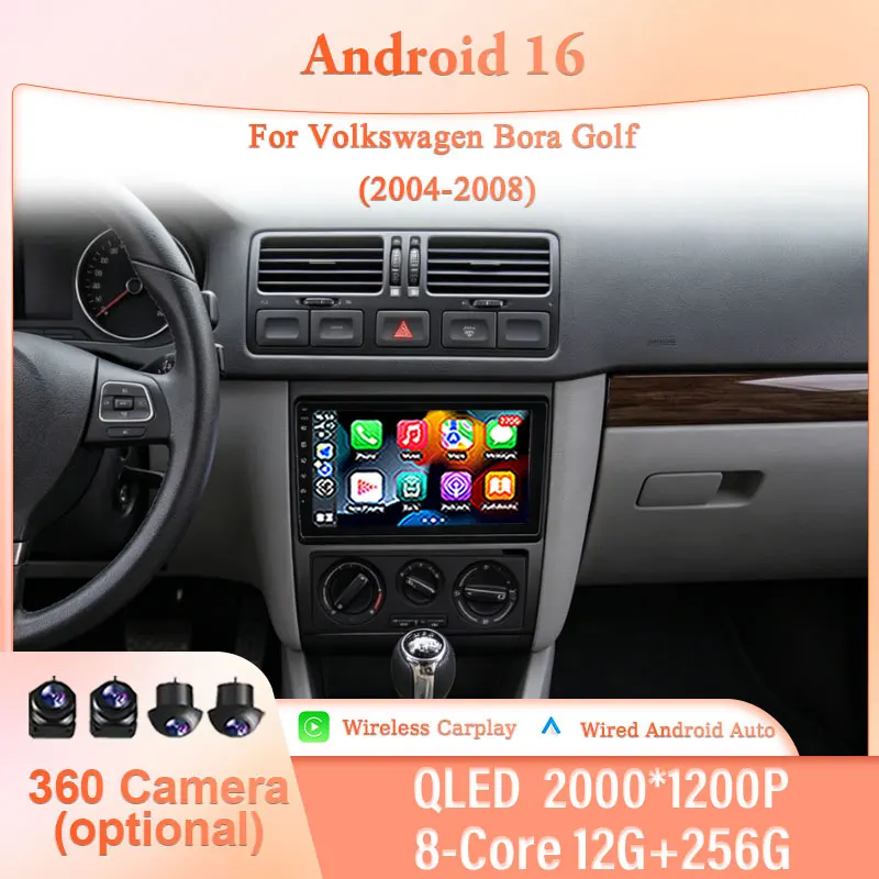 9-Zoll Android 16 für Volkswagen Bora Golf 2004-2008 Auto-Stereoanlage IPS HD Audio-Multimedia-Player Kabelloses CarPlay GPS-Navigation BT WiFi DSP