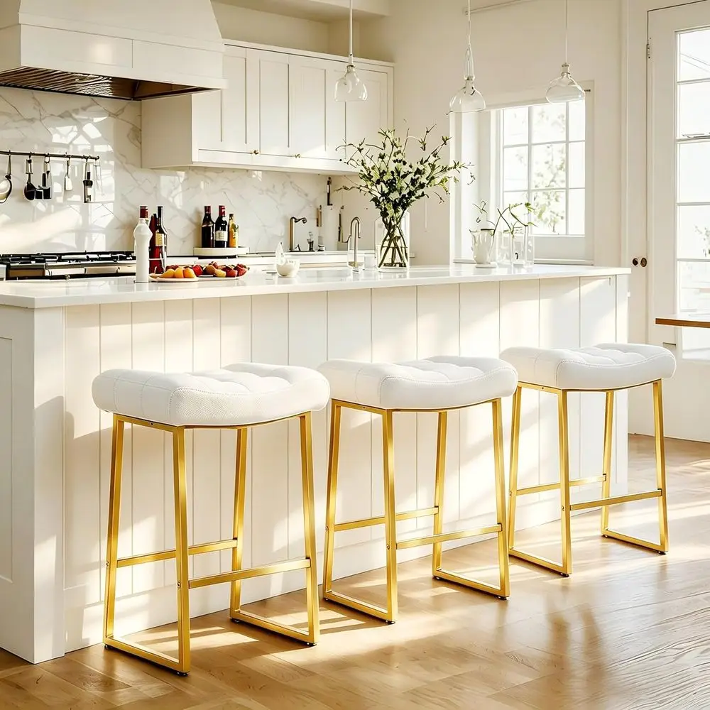 

Set of 3 White & Gold Upholstered Leather Counter Height Bar Stools, 24 Inch Chairs