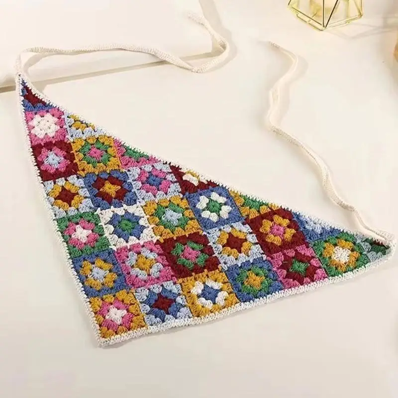 39BD Vintage Women Flower Hairband Knit Triangle Kerchief Elastic Hairbands Camping Travel Taking Photo Hair Accessories