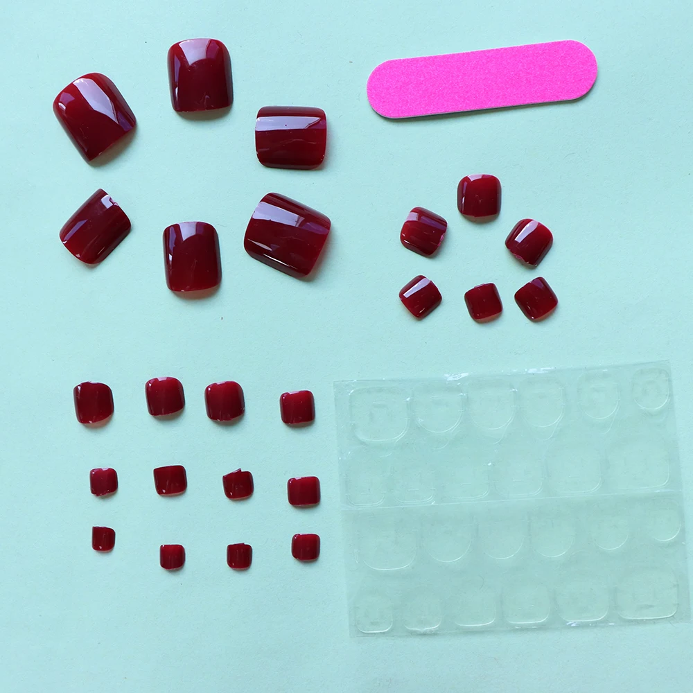 ARTAUG 24PCS Short Square Wine Red Solid Full Cover Full Cover Fake Nail Set Cheap Nails Summer Nails Delicate Nail image 3