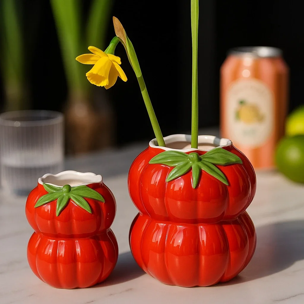 Cartoon Tomato Vase Ceramic Vase Red Hand-painted Flowerpot Chopstick Holder Makeup Brush Storage Home Decoration Accessories