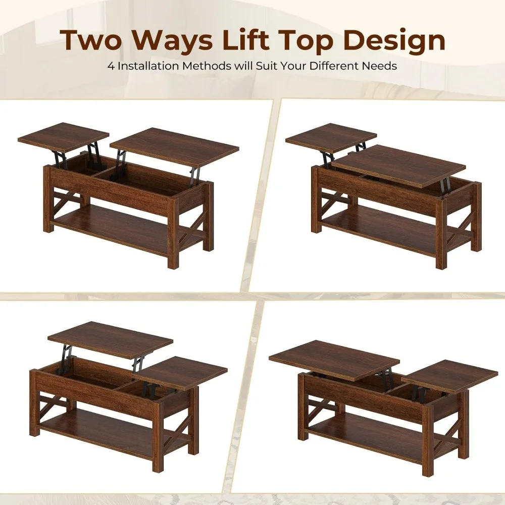 Table basse avec compartiment GNE, étagère ouverte et X support en bois, tables centrales de ferme, 47.2 po Table basse avec élévateur à 2 voies