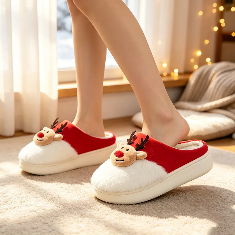 Couple Lovely Elk Warm Plush Christmas Indoor Slippers 2026 Winter Trend Comfort Thick Sole Home Slippers Women Cotton Shoes