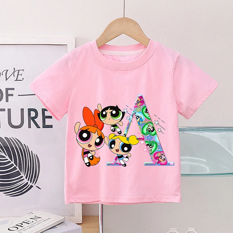 The Powerpuff Girls T-Shirt Bubbles Kawaii Cartoon Anime Letter A-Z Clothes Sport Casual Tops Soft Absorbent Breathable Tee Gift