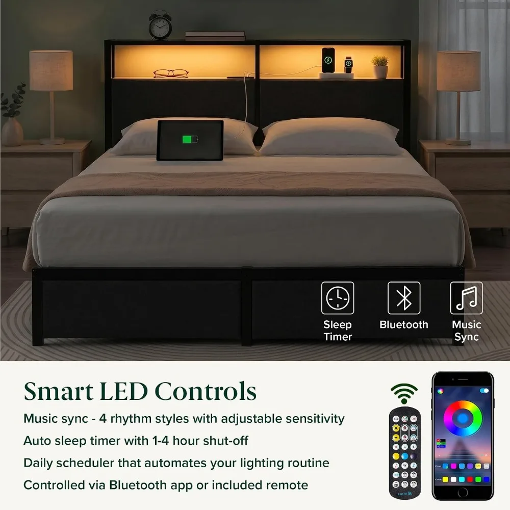 Four Underbed Drawers, Full | Space-Saving Two-Tier Headboard Storage, Mood Setting RGB LED Lights,