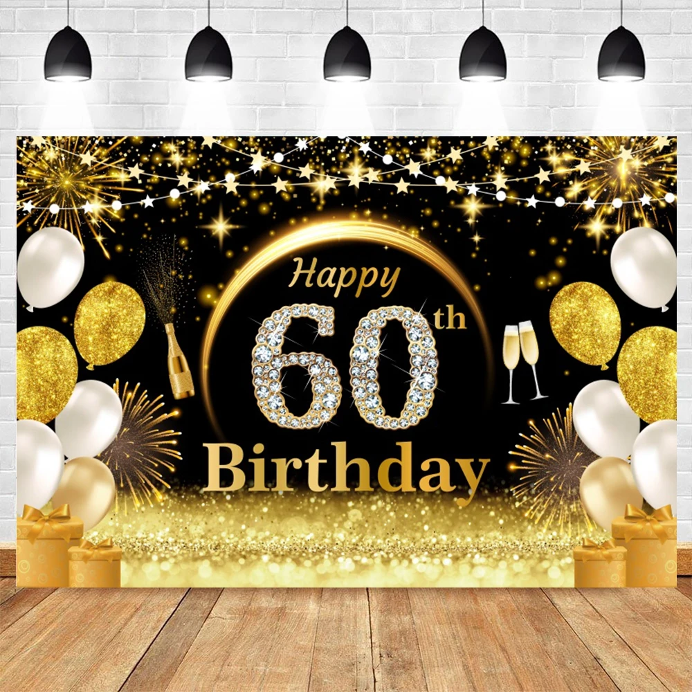 Adult Happy Birthday Backdrop Glitter Gold Black Balloons Flowers Baby Birthday Party Decor Photography Background Photo Studio